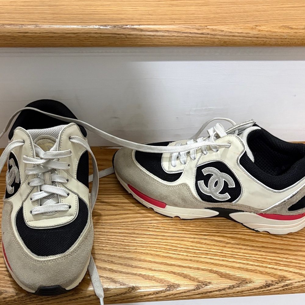 CHANEL Black White and Pink Athletic Logo Sneakers